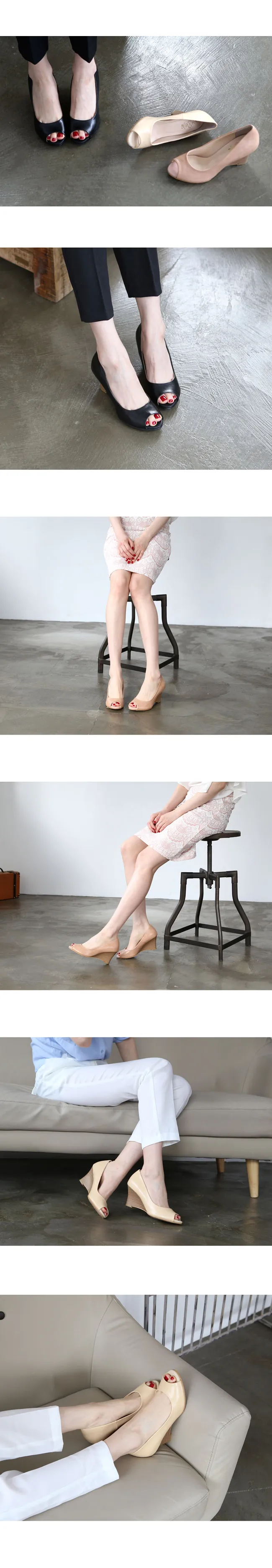 소가죽 오픈토 웨지힐 하이힐 블랙 상세 이미지 2