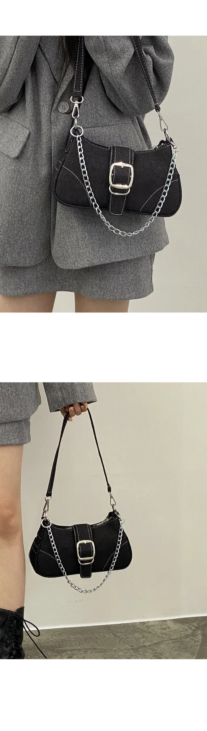 앤니 Y2K 데님 벨트 체인 호보 숄더백 상세 이미지 3